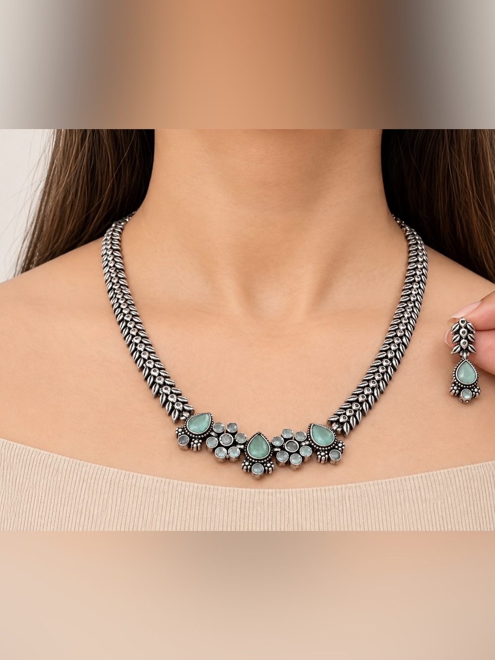 Oxidised Vintage Necklace with Mint Green Stones